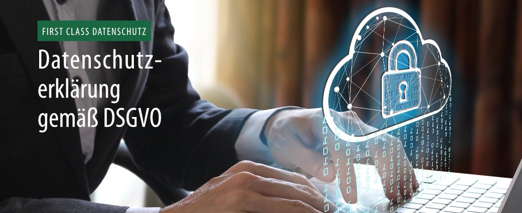 First Class Datenschutz Headerbild mit Text: Datenschutzerklärung gemäß DSGVO